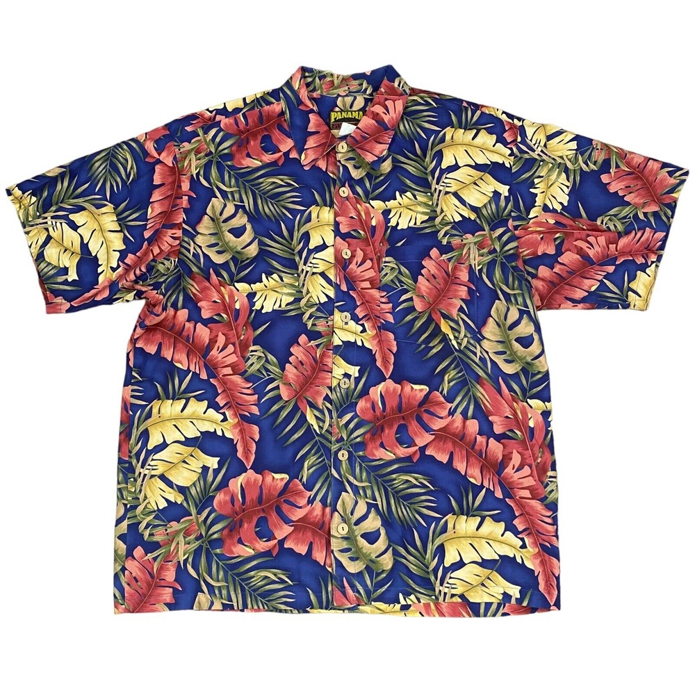 Panama Hawaiian Shirt Men's Large Floral Leaves Aloha Camp USA Matching Pocket